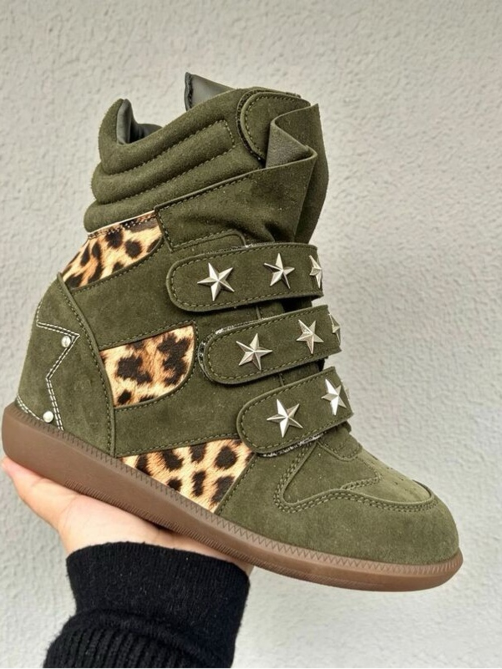 Olive Green Wedge Sneaker with Leopard Panels and Star Studs